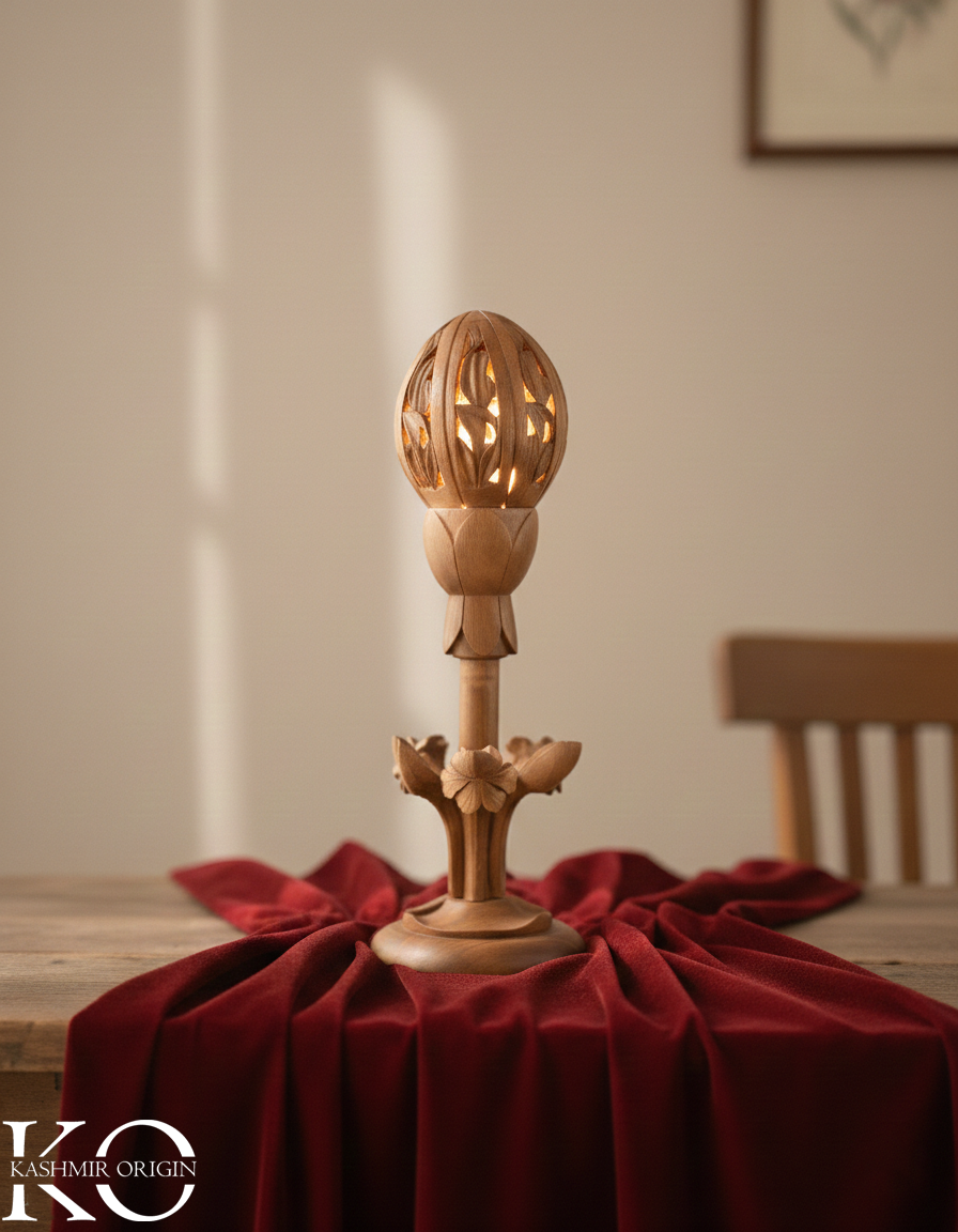 Kamal Lotus Shaped Walnut Wood Night Lamp | Hand Carved in kashmir