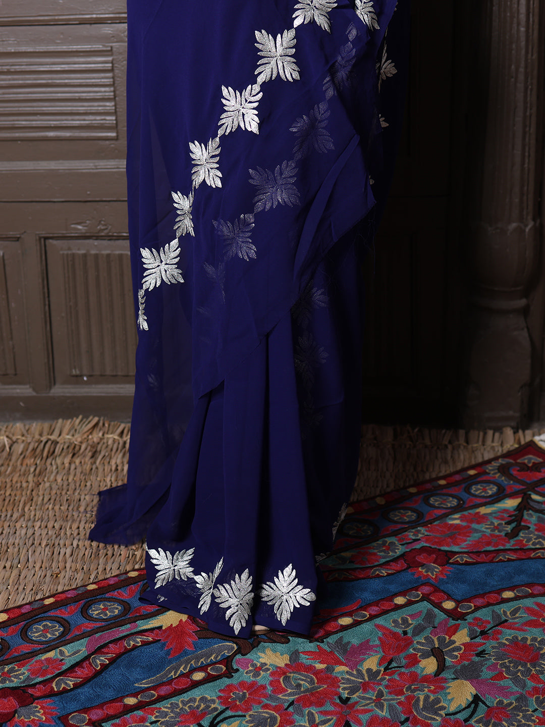 Navy Blue Georgette Saree with Silver Aari Chinar Border