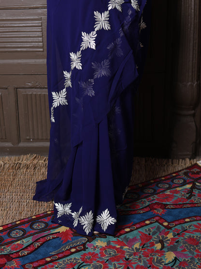 Navy Blue Georgette Saree with Silver Aari Chinar Border