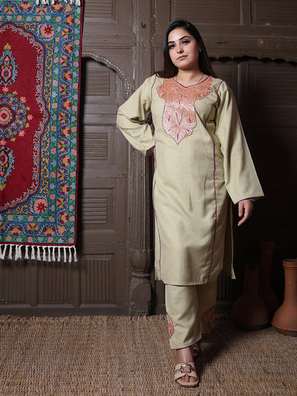 Sage Green Golden Tilla & Purple Silk Embroidered Kashmiri Cotton Co-ord set