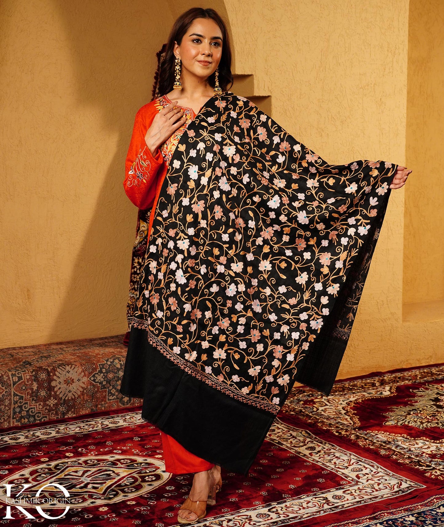 Black Aari Embroidered Woolen Shawl