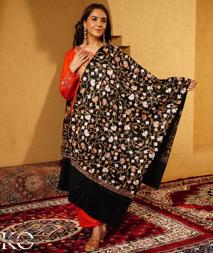 Black Aari Embroidered Woolen Shawl