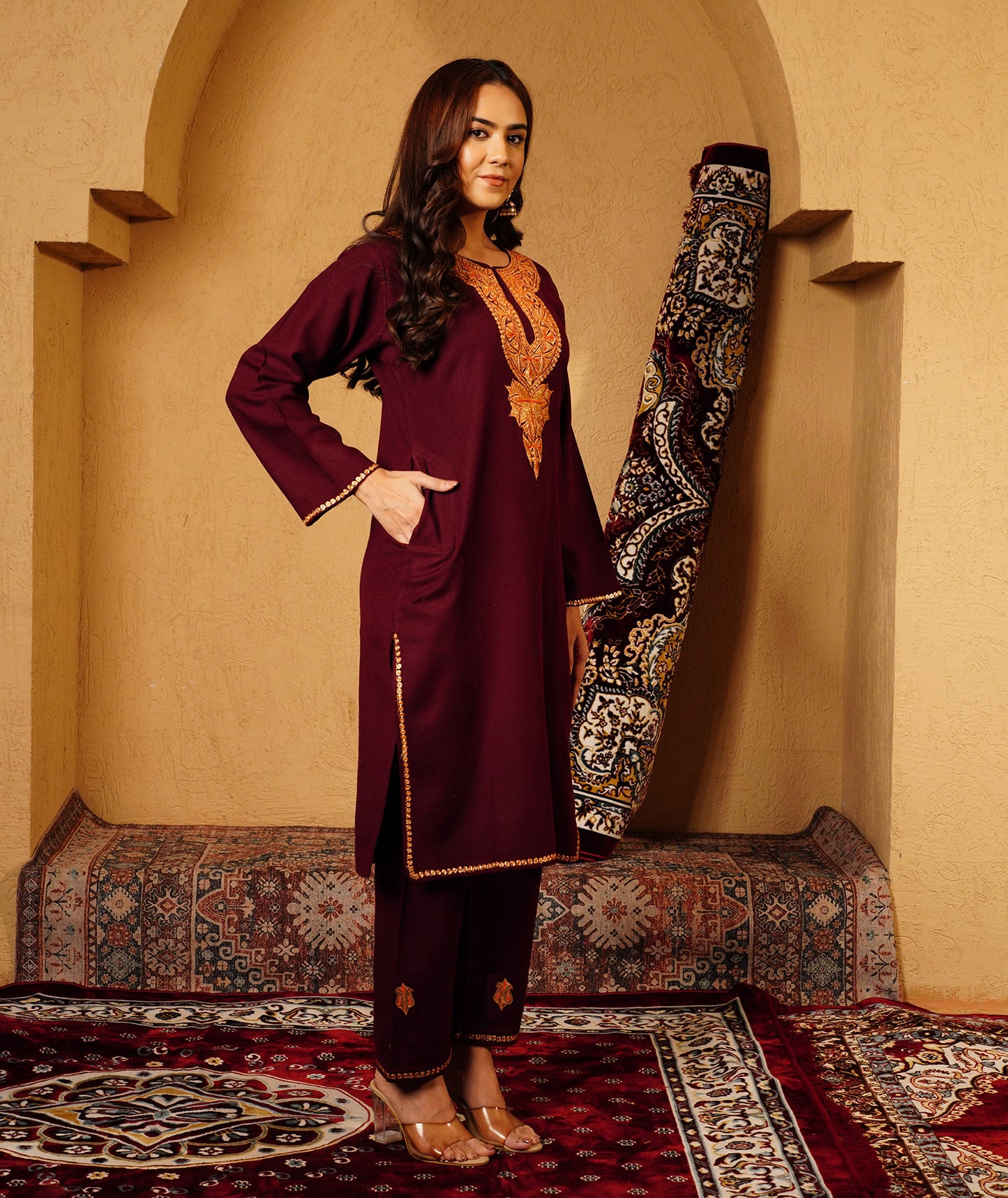 Maroon Tilla Embroidered Woolen Co-ord Set
