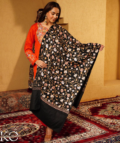 Black Aari Embroidered Woolen Shawl