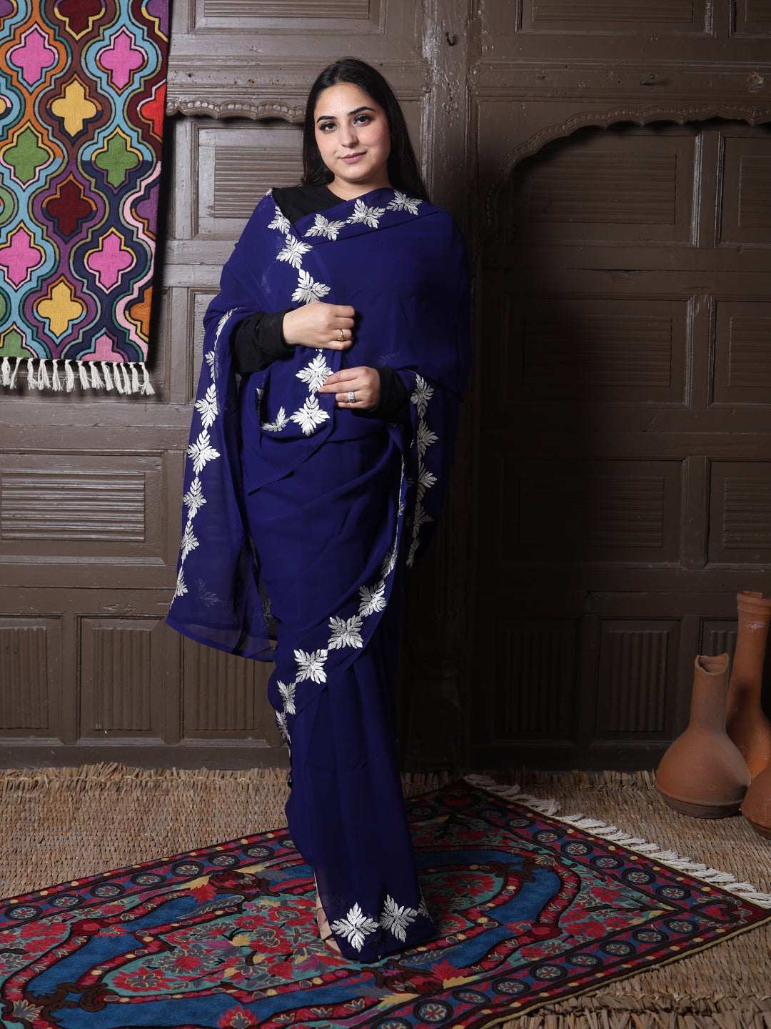 Navy Blue Georgette Saree with Silver Aari Chinar Border