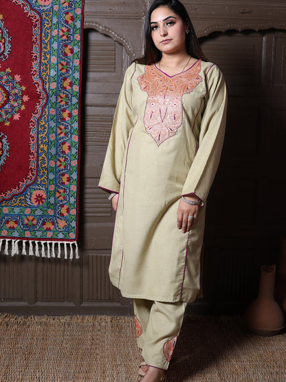 Sage Green Golden Tilla & Purple Silk Embroidered Kashmiri Cotton Co-ord set