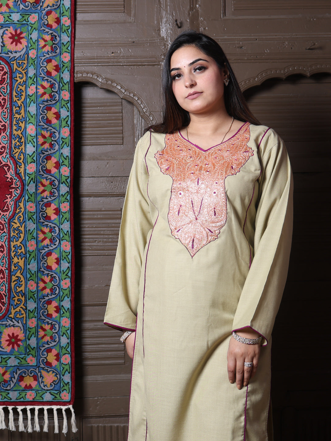 Sage Green Golden Tilla & Purple Silk Embroidered Kashmiri Cotton Co-ord set