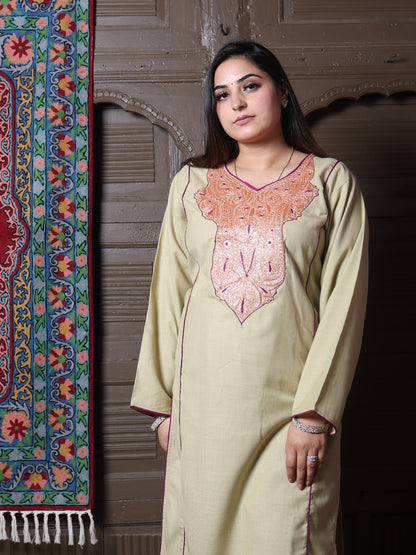 Sage Green Golden Tilla & Purple Silk Embroidered Kashmiri Cotton Co-ord set