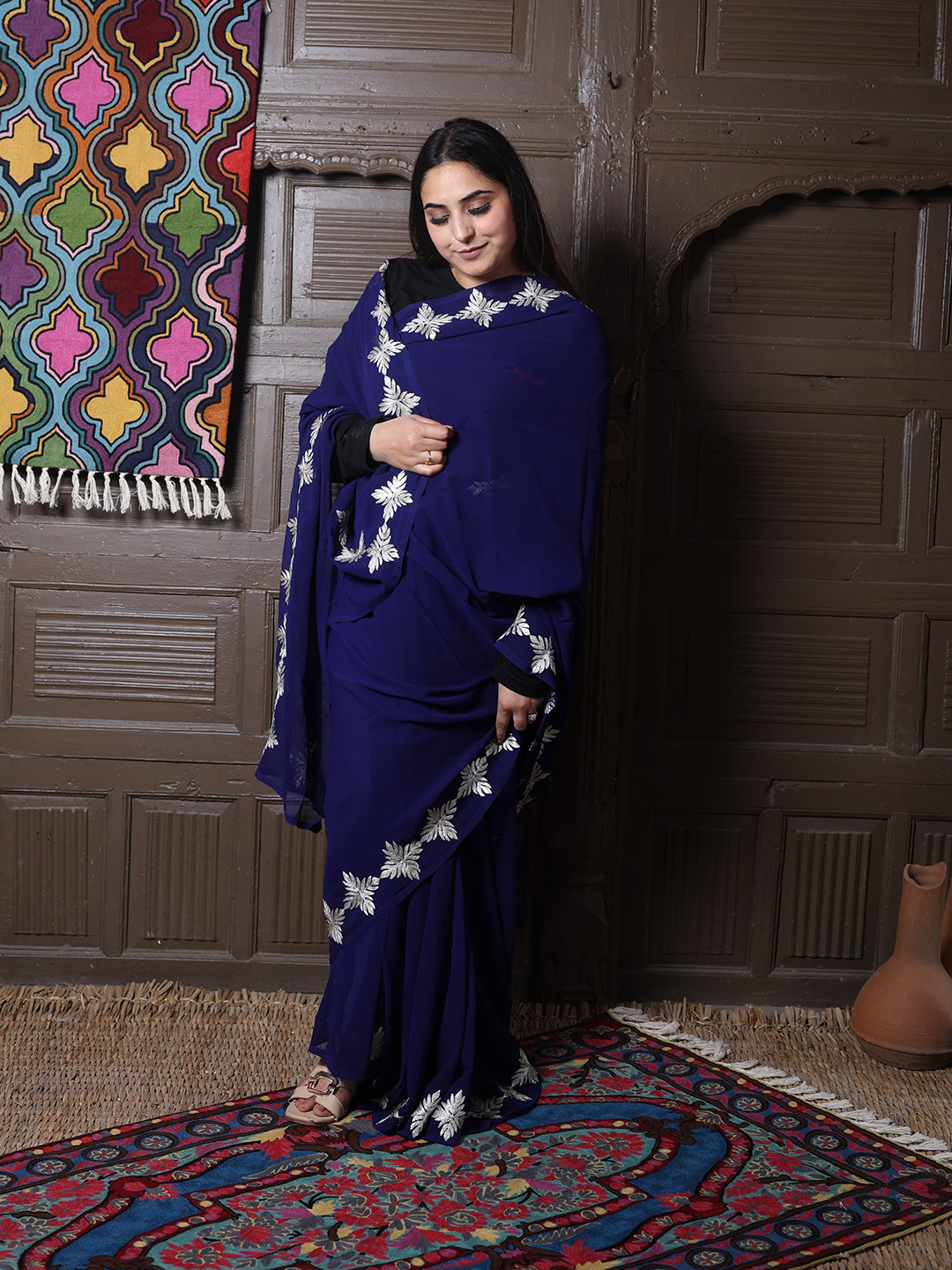 Navy Blue Georgette Saree with Silver Aari Chinar Border