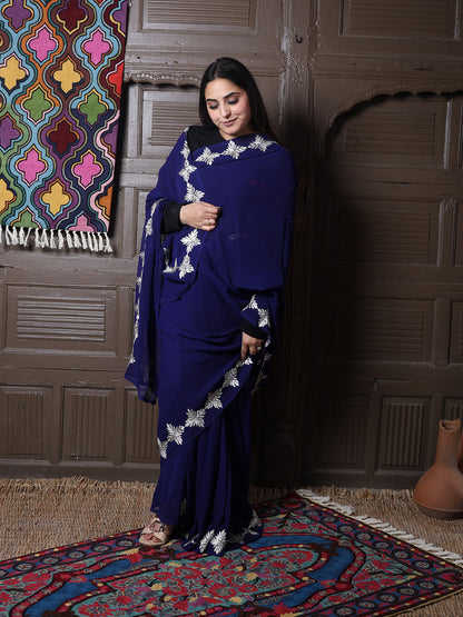 Navy Blue Georgette Saree with Silver Aari Chinar Border