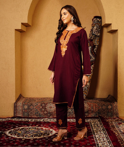 Maroon Tilla Embroidered Woolen Co-ord Set