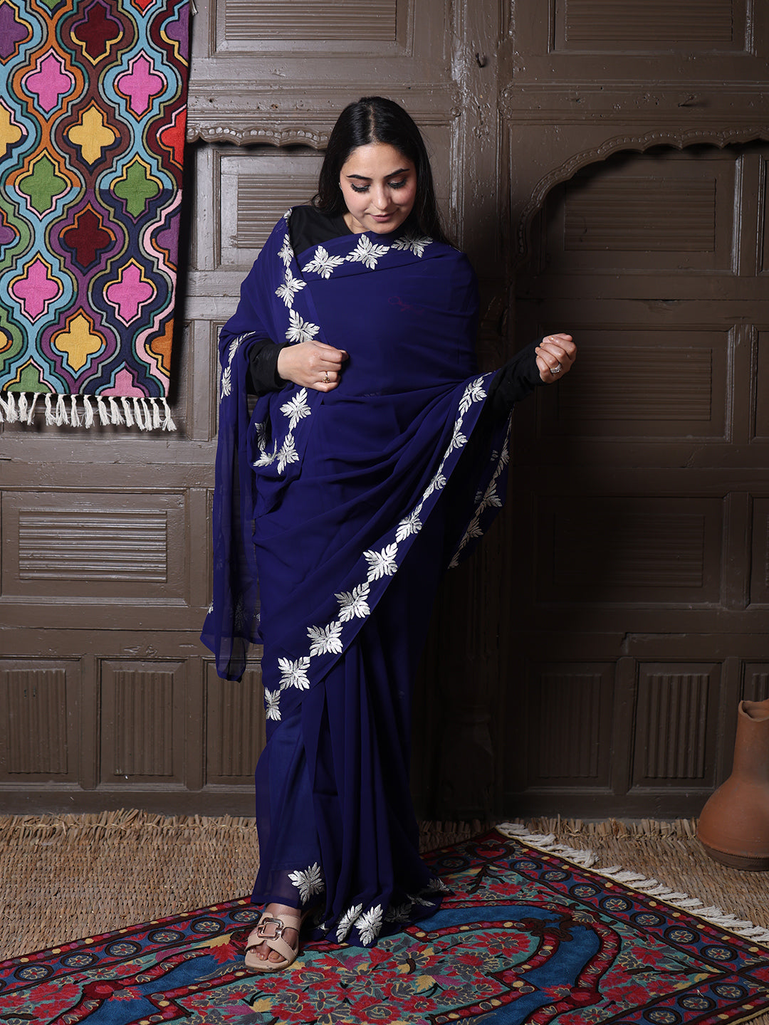 Navy Blue Georgette Saree with Silver Aari Chinar Border