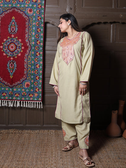 Sage Green Golden Tilla & Purple Silk Embroidered Kashmiri Cotton Co-ord set