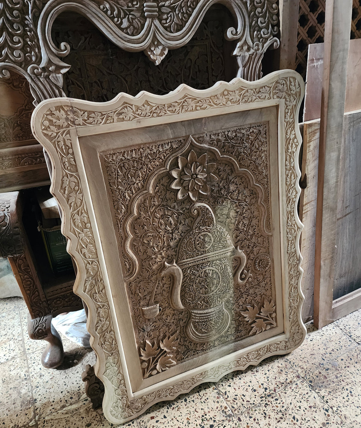 Kashmiri Samavar & Cup Design Hand Carved Walnut Wood Panel | Hand carved By Kashmiri Master Artisan