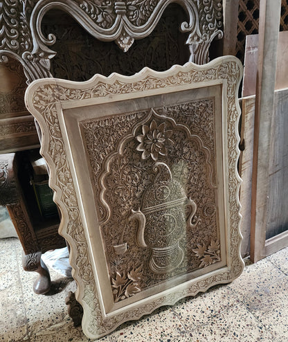Kashmiri Samavar & Cup Design Hand Carved Walnut Wood Panel | Hand carved By Kashmiri Master Artisan