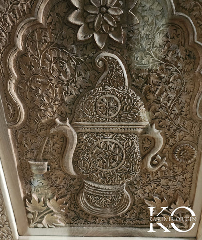 Kashmiri Samavar & Cup Design Hand Carved Walnut Wood Panel | Hand carved By Kashmiri Master Artisan