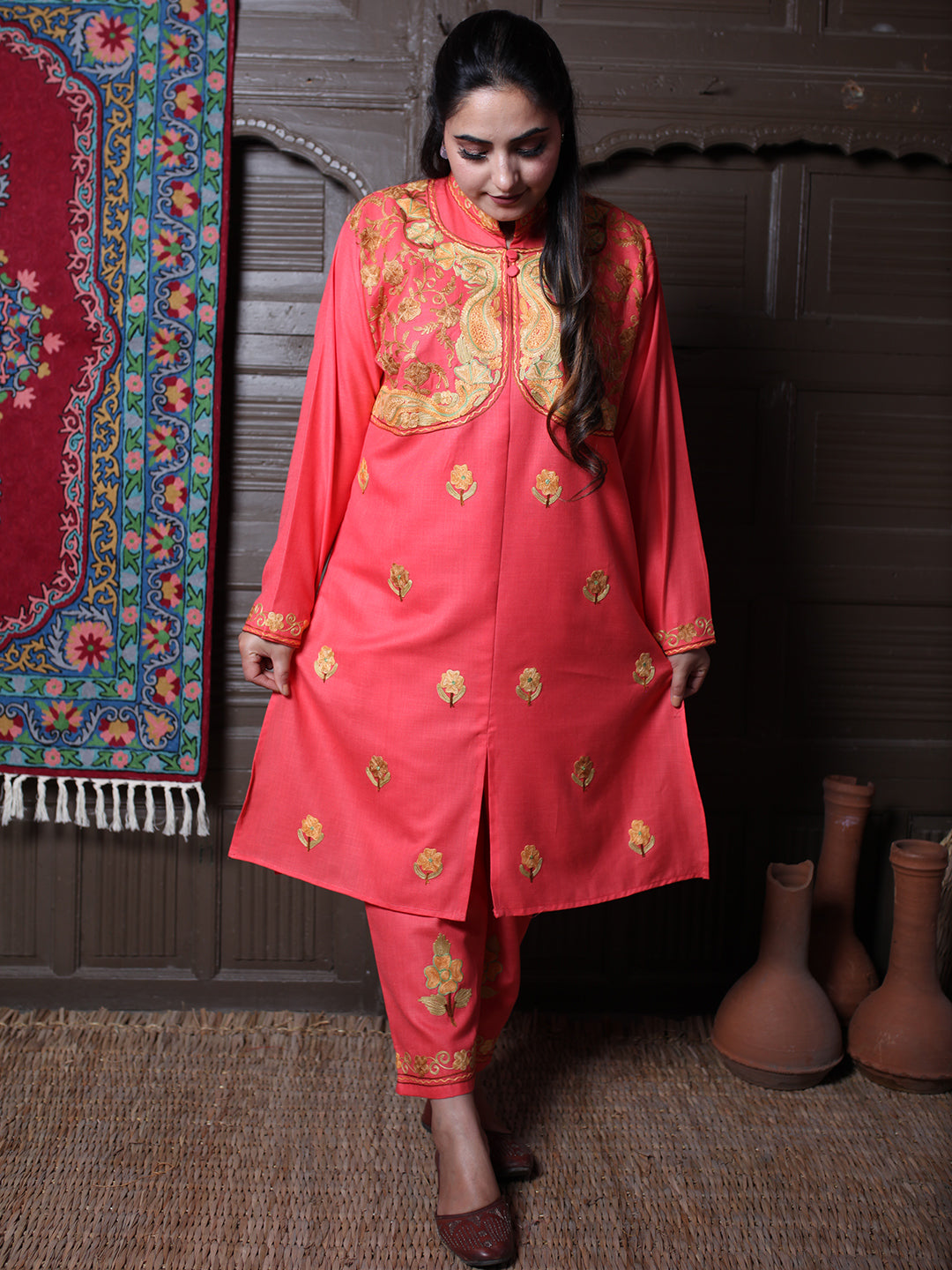 Coral Aari Mandarin Collar Embroidered Kashmiri Cotton Co-Ord Set