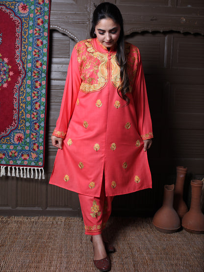 Coral Aari Mandarin Collar Embroidered Kashmiri Cotton Co-Ord Set