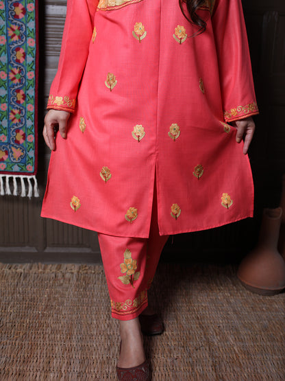 Coral Aari Mandarin Collar Embroidered Kashmiri Cotton Co-Ord Set