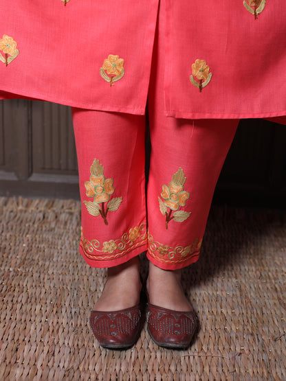 Coral Aari Mandarin Collar Embroidered Kashmiri Cotton Co-Ord Set