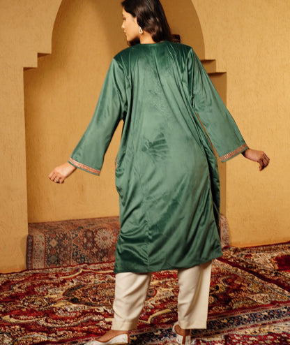 Emerald Green Tilla Embroidered Velvet Pheran