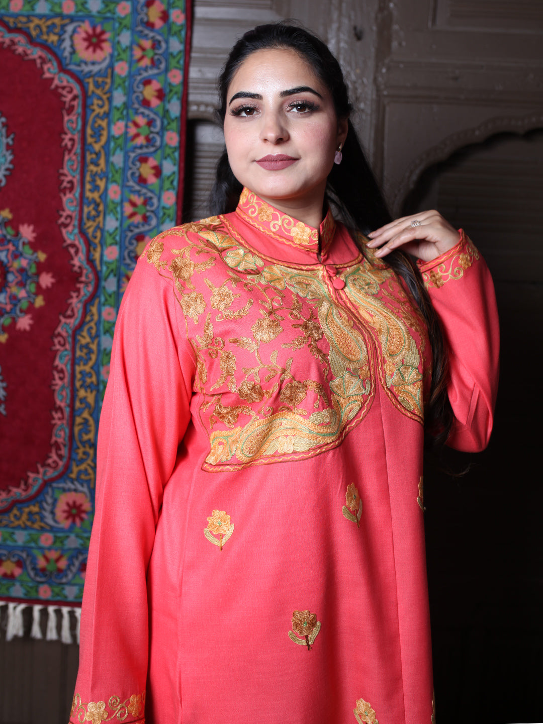 Coral Aari Mandarin Collar Embroidered Kashmiri Cotton Co-Ord Set