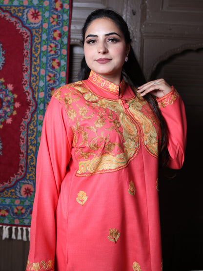 Coral Aari Mandarin Collar Embroidered Kashmiri Cotton Co-Ord Set