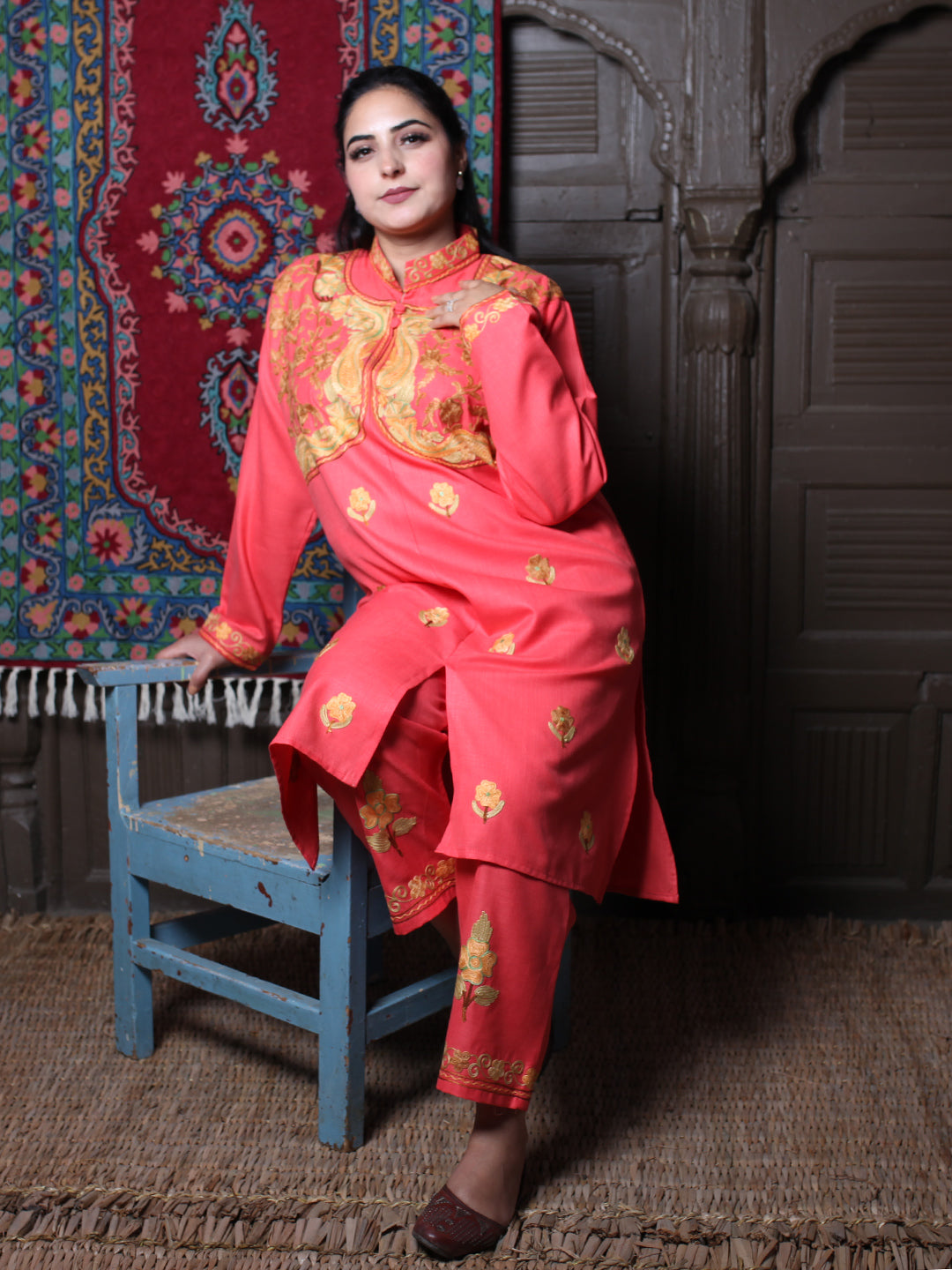 Coral Aari Mandarin Collar Embroidered Kashmiri Cotton Co-Ord Set