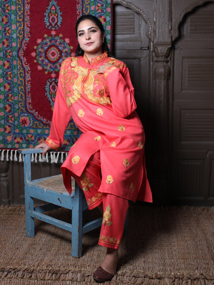 Coral Aari Mandarin Collar Embroidered Kashmiri Cotton Co-Ord Set