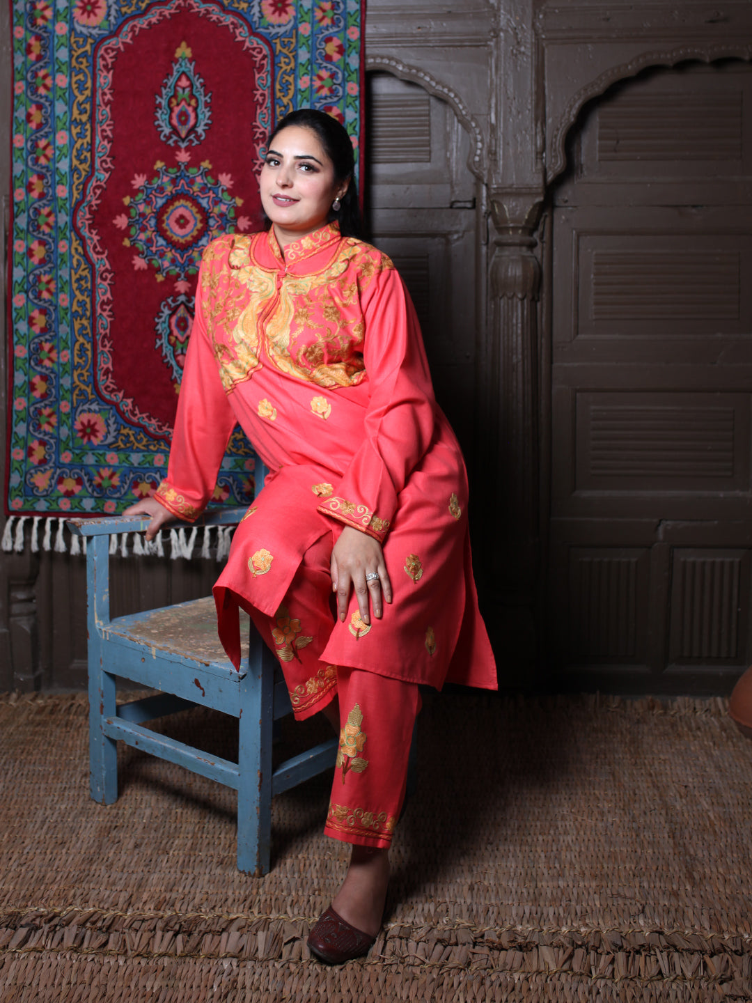 Coral Aari Mandarin Collar Embroidered Kashmiri Cotton Co-Ord Set