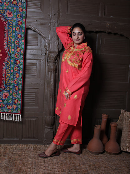 Coral Aari Mandarin Collar Embroidered Kashmiri Cotton Co-Ord Set
