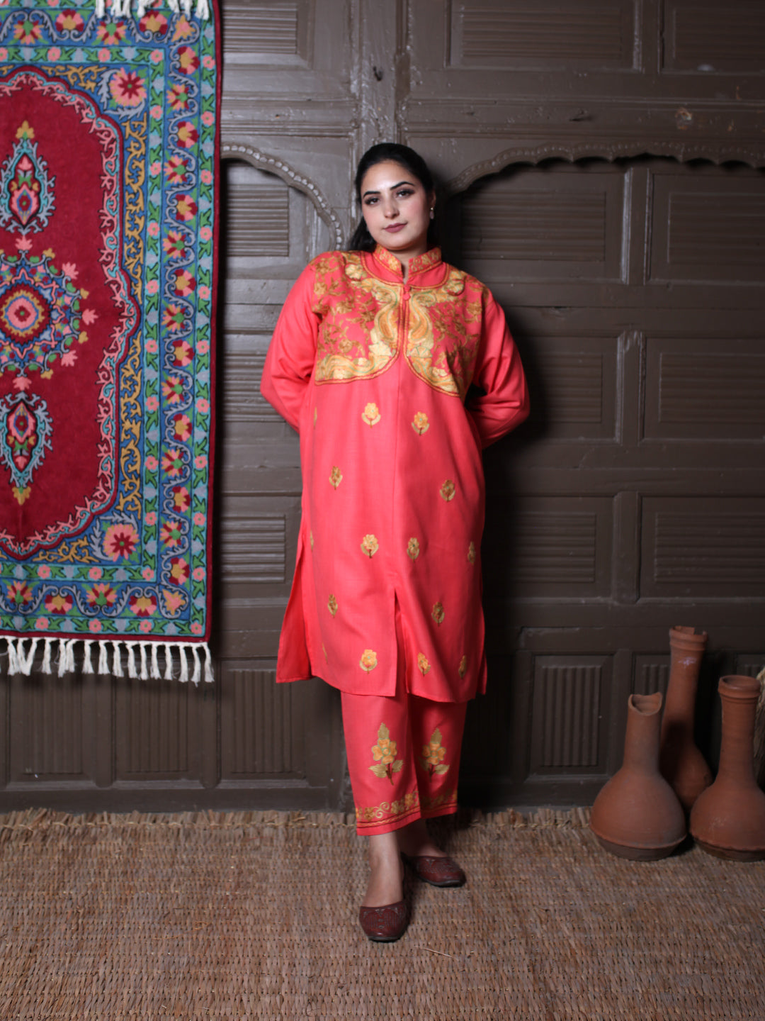 Coral Aari Mandarin Collar Embroidered Kashmiri Cotton Co-Ord Set