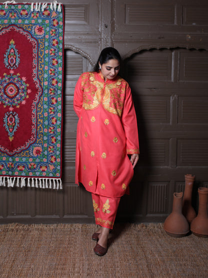 Coral Aari Mandarin Collar Embroidered Kashmiri Cotton Co-Ord Set