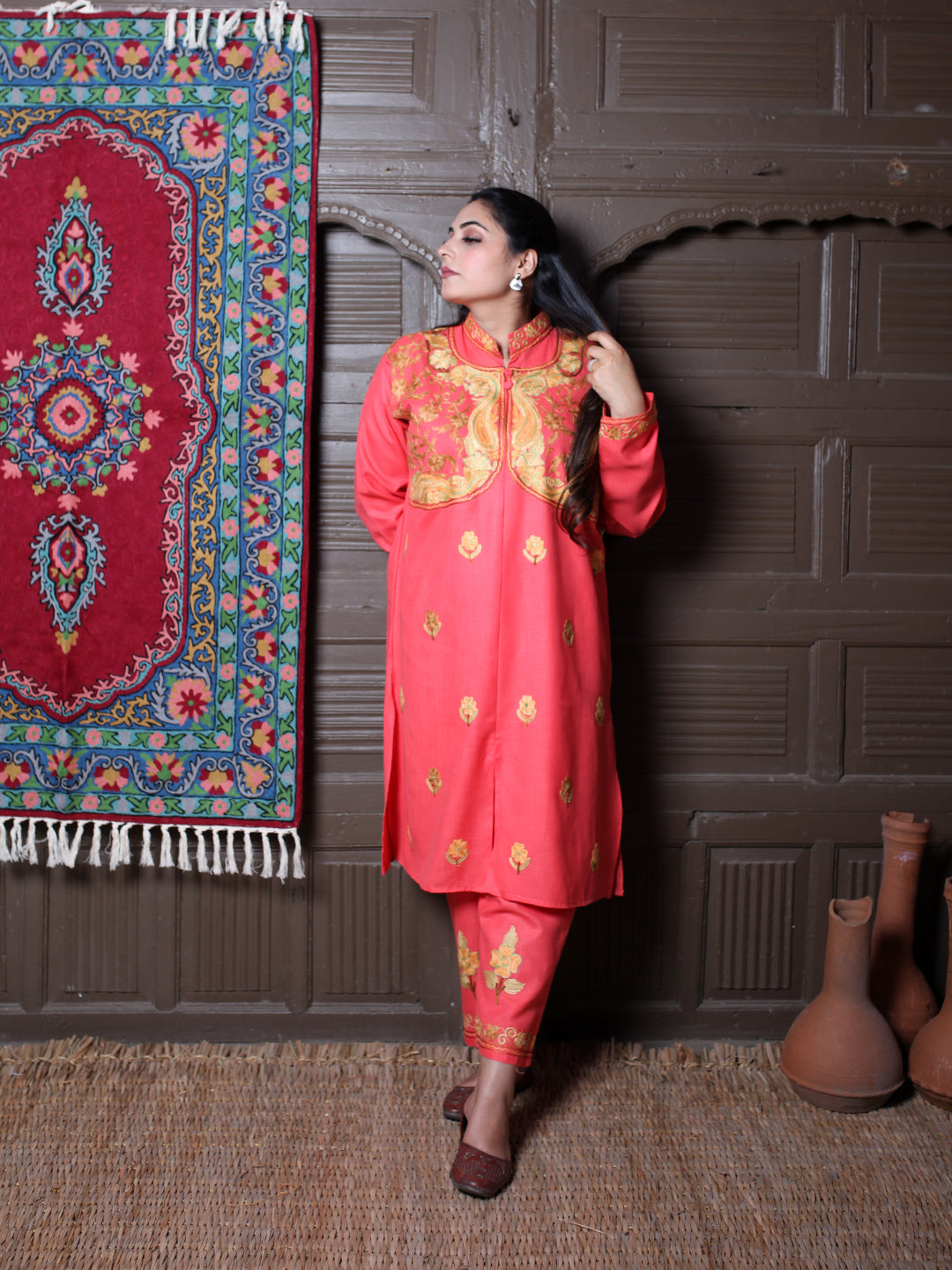 Coral Aari Mandarin Collar Embroidered Kashmiri Cotton Co-Ord Set