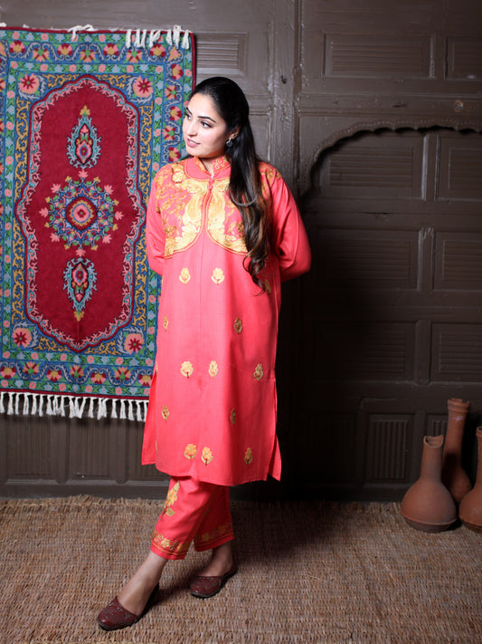 Coral Aari Mandarin Collar Embroidered Kashmiri Cotton Co-Ord Set