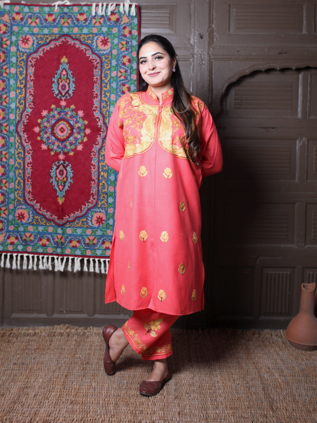 Coral Aari Mandarin Collar Embroidered Kashmiri Cotton Co-Ord Set