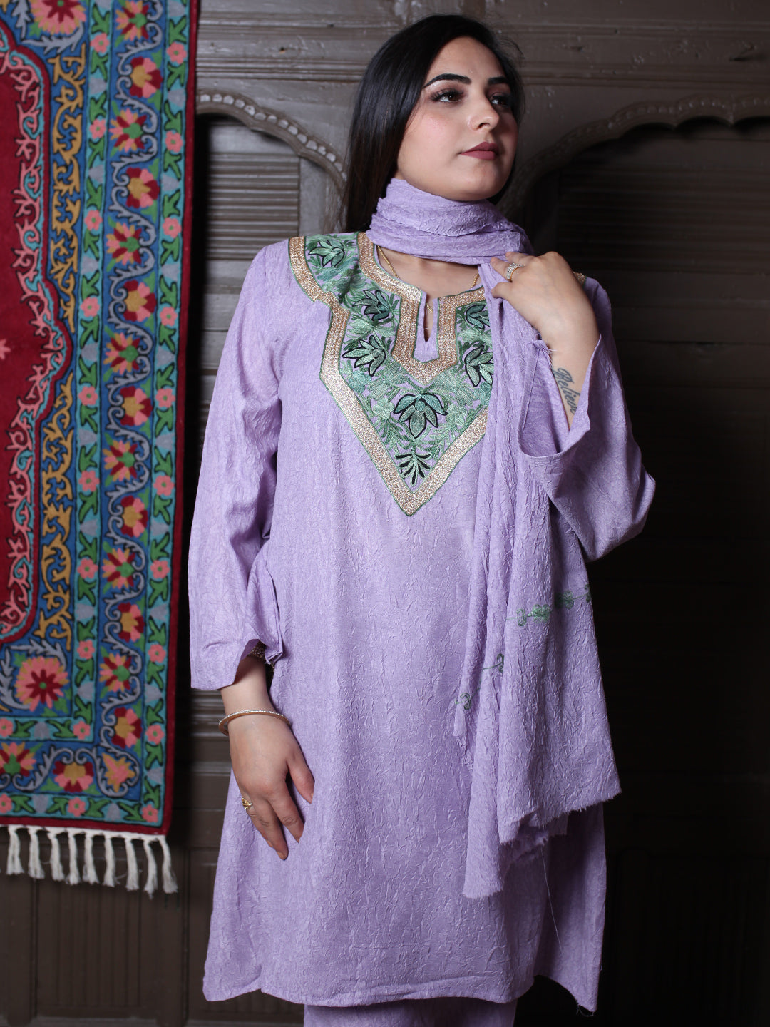Lavender Zari & Aari Embroidered Kashmiri Crush Cotton Co-ordset With Dupatta