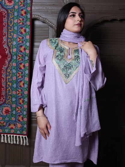 Lavender Zari & Aari Embroidered Kashmiri Crush Cotton Co-ordset With Dupatta
