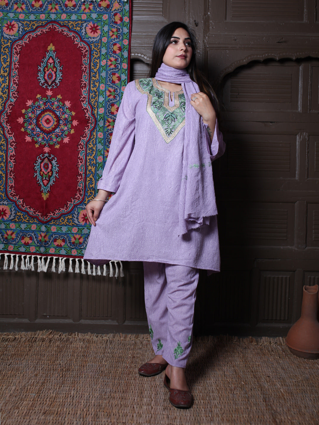 Lavender Zari & Aari Embroidered Kashmiri Crush Cotton Co-ordset With Dupatta