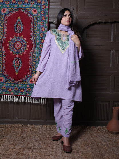 Lavender Zari & Aari Embroidered Kashmiri Crush Cotton Co-ordset With Dupatta