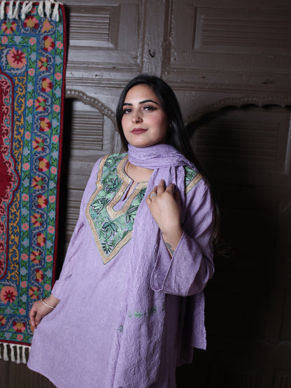 Lavender Zari & Aari Embroidered Kashmiri Crush Cotton Co-ordset With Dupatta