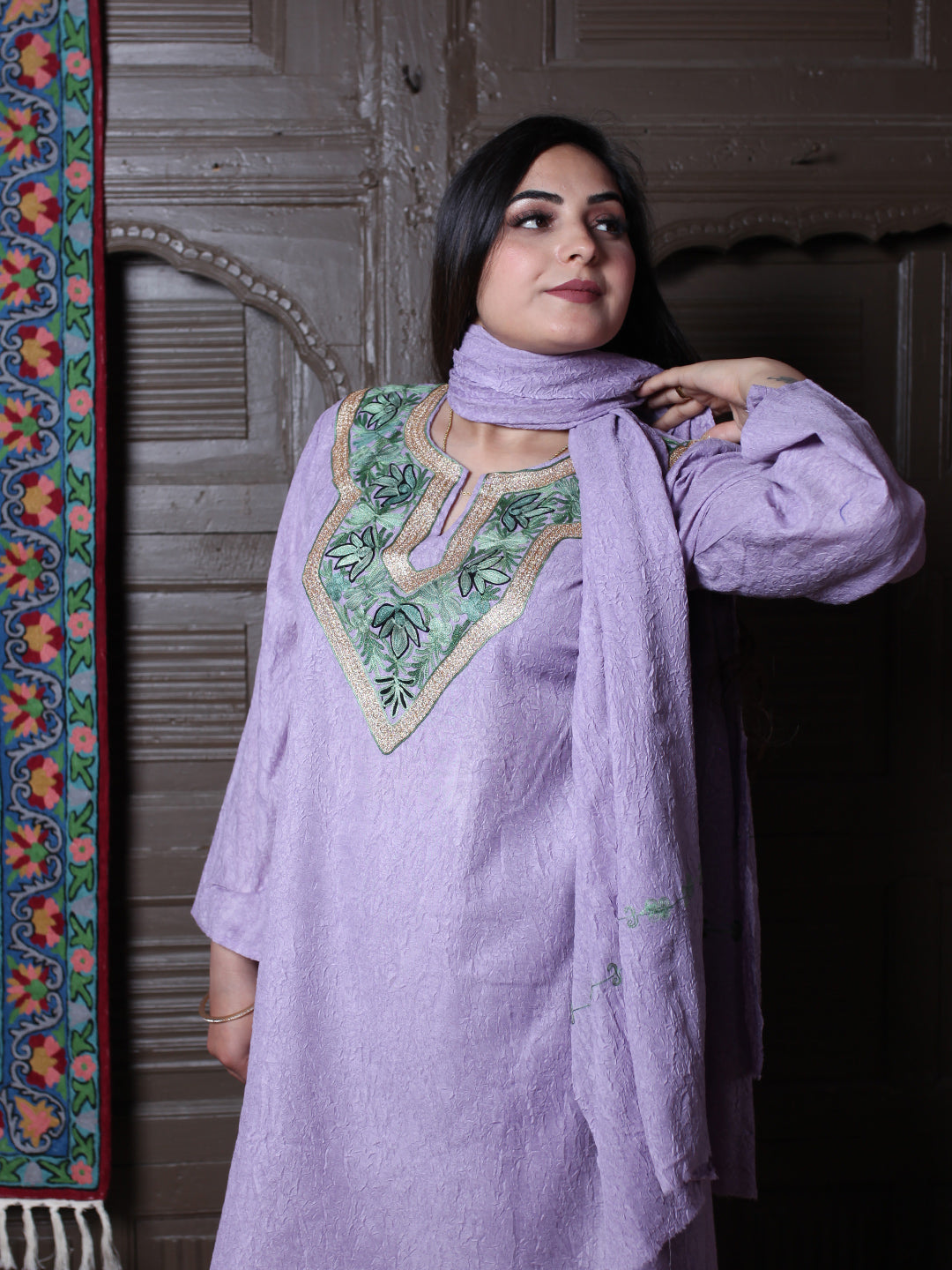 Lavender Zari & Aari Embroidered Kashmiri Crush Cotton Co-ordset With Dupatta
