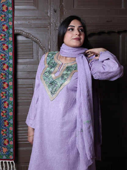Lavender Zari & Aari Embroidered Kashmiri Crush Cotton Co-ordset With Dupatta