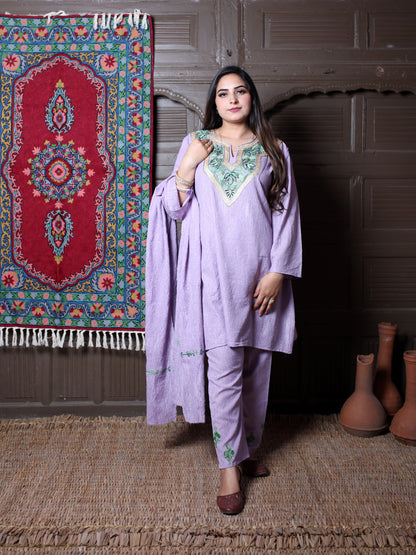 Lavender Zari & Aari Embroidered Kashmiri Crush Cotton Co-ordset With Dupatta