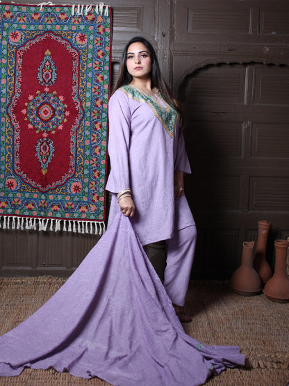 Lavender Zari & Aari Embroidered Kashmiri Crush Cotton Co-ordset With Dupatta