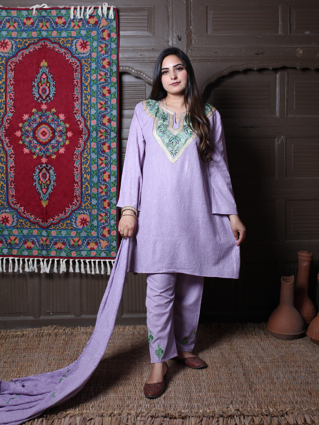 Lavender Zari & Aari Embroidered Kashmiri Crush Cotton Co-ordset With Dupatta