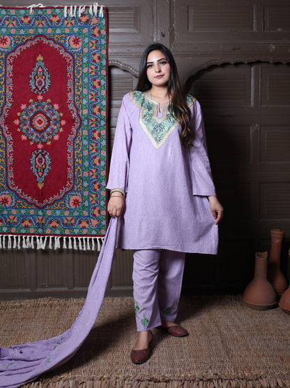 Lavender Zari & Aari Embroidered Kashmiri Crush Cotton Co-ordset With Dupatta