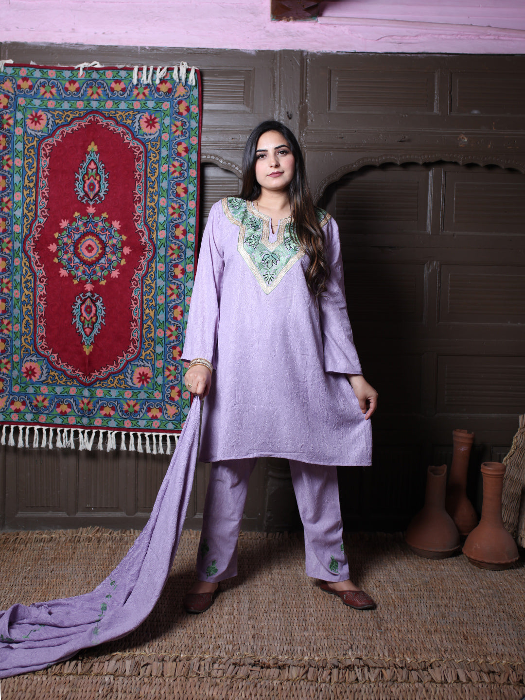 Lavender Zari & Aari Embroidered Kashmiri Crush Cotton Co-ordset With Dupatta