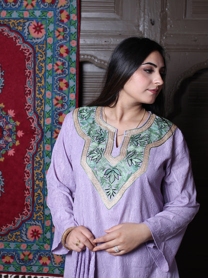 Lavender Zari & Aari Embroidered Kashmiri Crush Cotton Co-ordset With Dupatta