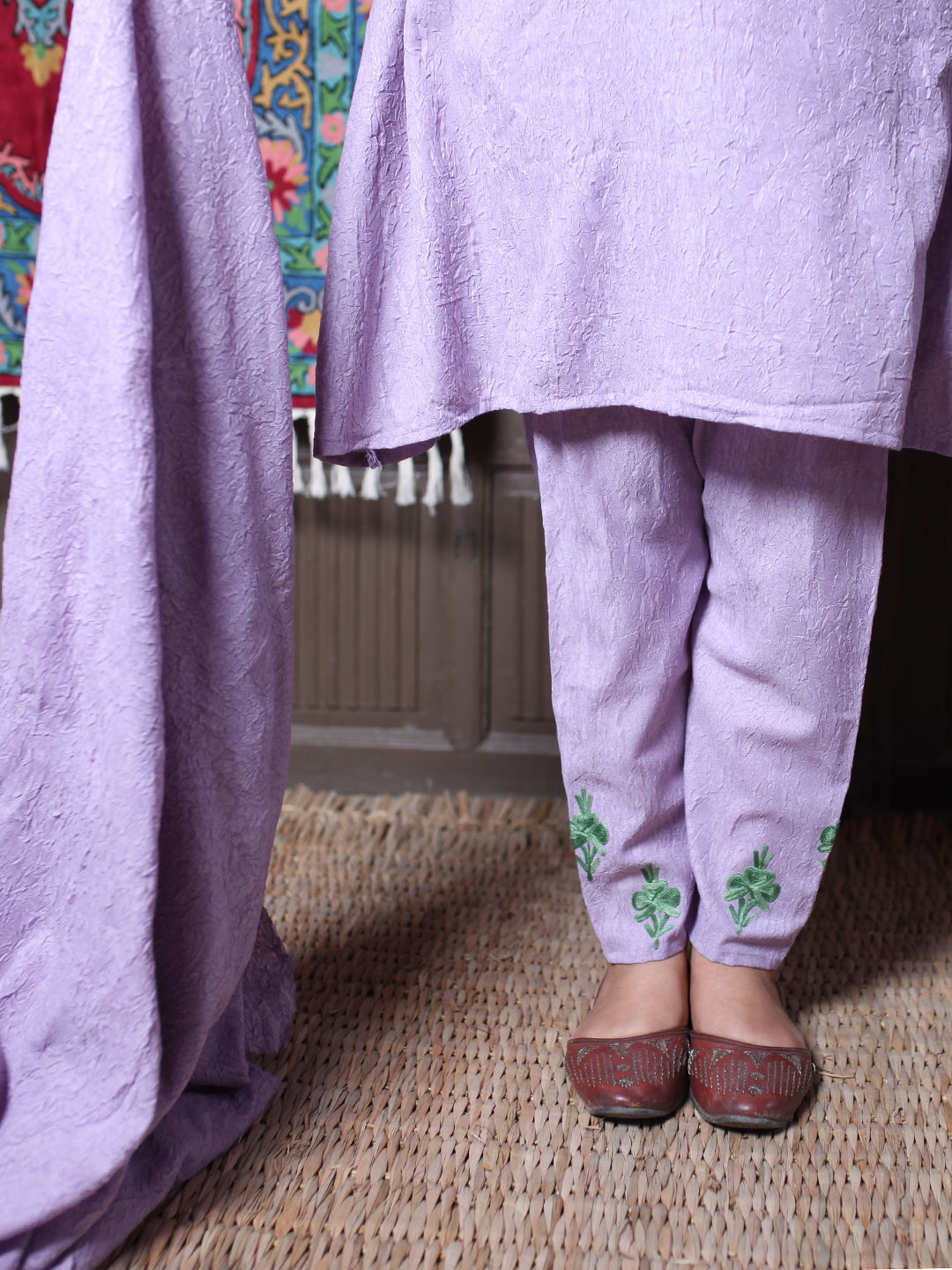 Lavender Zari & Aari Embroidered Kashmiri Crush Cotton Co-ordset With Dupatta